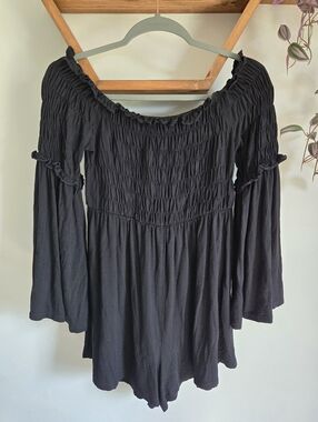 ASOS Black Smocked Off-Shoulder Long Sleeve Romper
